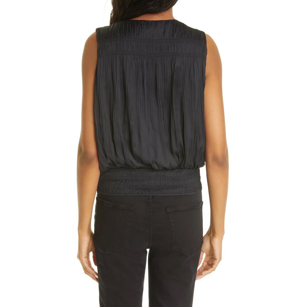 Frame Noir Black Pleated V-Neck Sleeveless Smocked Hem Top Size Small - Picture 2 of 6